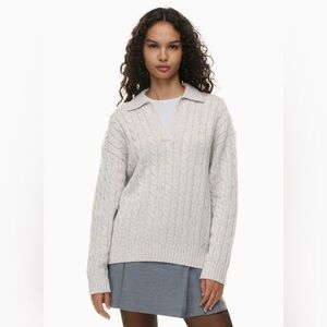 Aritzia Sunday Best Wool Light Gray V-Neck Cable Knit Sweater Cotagecore Size S